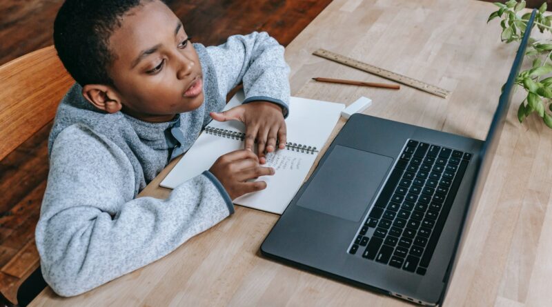 clever diligent black boy learning lessons online with laptop