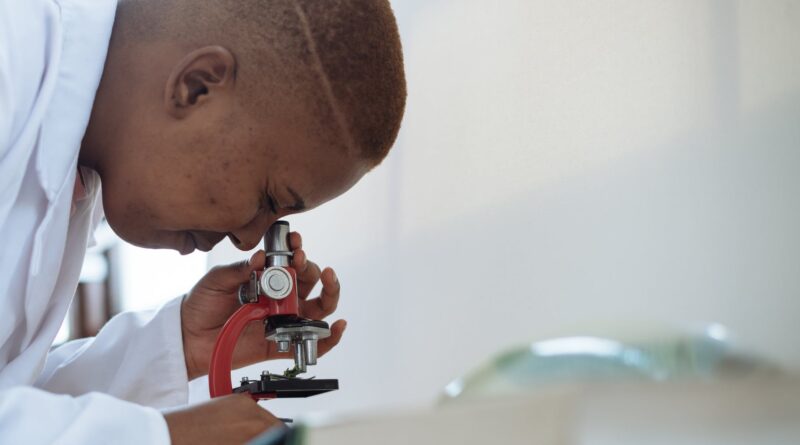 focused biologist studying plant leaf with microscope