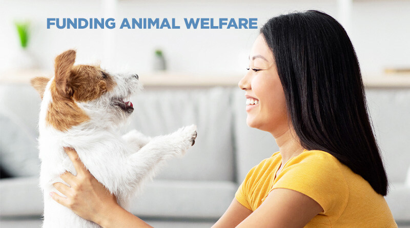 Woman facing her dog, both are smiling, safe, and happy. Caption reads: Funding Animal Welfare.