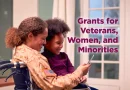 A smiling veteran in uniform, sitting in a wheelchair, looks at a smartphone with her young daughter, representing military families exploring unclaimed business grant money opportunities online.