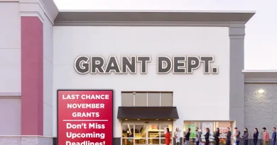 A line of people stands outside a large store-style building labeled “GRANT DEPT.” A red sign near the entrance reads “LAST CHANCE NOVEMBER GRANTS — Don’t Miss Upcoming Deadlines!” The image conveys urgency and demand for limited-time grant opportunities.