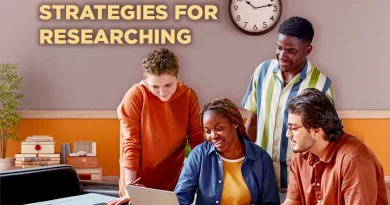 A diverse group of four colleagues gather around a laptop, smiling and collaborating in a warm, brightly lit office. The wall behind them features a clock and the words “Strategies for Researching” in bold yellow letters.
