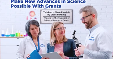 Three researchers smiling and collaborating in a laboratory, wearing lab coats and reviewing data near a microscope, with text reading “Make New Advances in Science Possible With Grants” and a sign stating “This Lab is Made Possible by Grant Funding.”