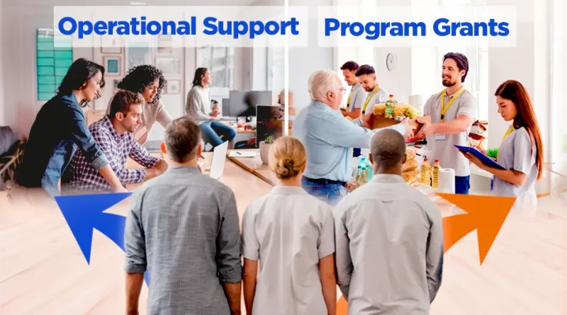 Split image comparing grant types. Left side shows a diverse team collaborating in an office labeled “Operational Support.” Right side shows volunteers distributing food labeled “Program Grants,” with arrows pointing to each side.