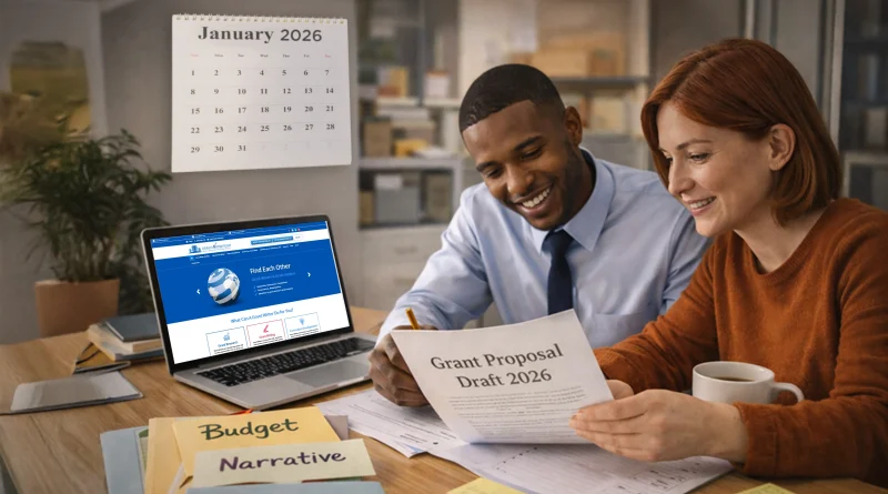 Two professionals sitting at a desk reviewing a document titled “Grant Proposal Draft 2026,” with a laptop open to the GrantWriterTeam website, labeled folders reading “Budget,” “Narrative,” and “Community Need,” and a January 2026 calendar visible in the background.