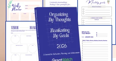 GrantWatch 2026 goal-setting journal titled “Organizing My Thoughts, Manifesting My Goals,” surrounded by sample interior pages including a weekly planner, monthly goals, vision board, gratitude journaling, and a January 2026 reflection page designed for planning, reflection, and achievement.