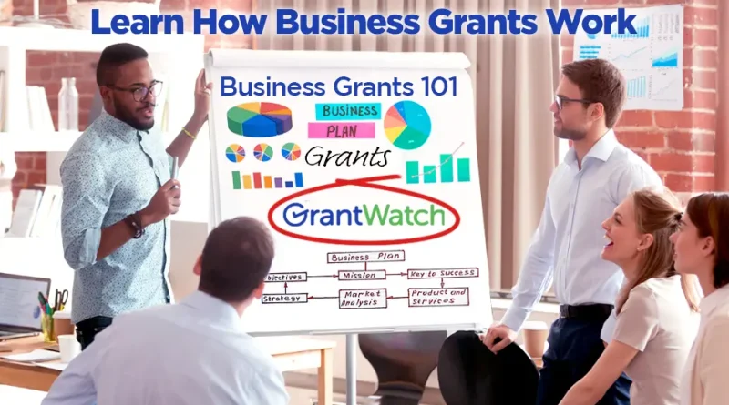 Group of professionals in a meeting room gathered around a flip chart titled “Learn How Business Grants Work.” The chart reads “Business Grants 101” and displays colorful charts, a business plan diagram, and the GrantWatch logo circled in red, as one person presents and others listen attentively.