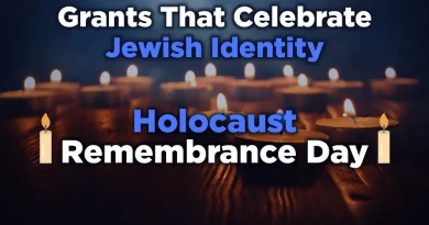 Lit memorial candles on a dark background with overlaid text reading ‘Grants That Celebrate Jewish Identity – Holocaust Remembrance Day.’