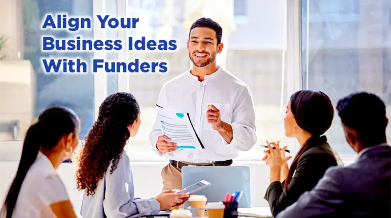 Business professional presenting a proposal to a diverse team in a bright office with the headline “Align Your Business Ideas With Funders” displayed on the image.