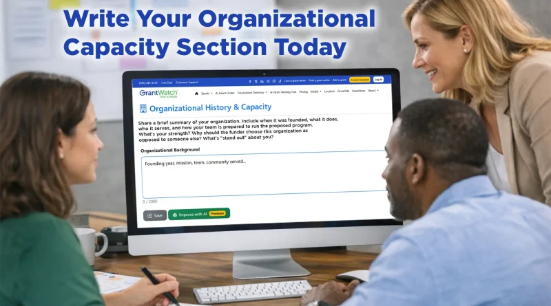 Three professionals collaborating at a desk while reviewing a computer screen displaying the GrantWatch “Organizational History & Capacity” section, with the headline “Write Your Organizational Capacity Section Today,” illustrating nonprofit grant writing and organizational development.