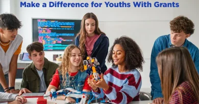 A diverse group of young people are involved in a group project. The caption read "Make a Difference for Youths With Grants."