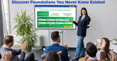 4th wall perspective: A woman gives a presentation with visual aid showing the GrantWatch Foundation Search Page to a group of nonprofit individuals. The cation reads: Discover Foundations You Never Knew Existed.