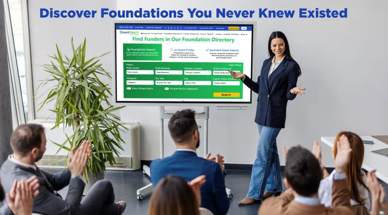 4th wall perspective: A woman gives a presentation with visual aid showing the GrantWatch Foundation Search Page to a group of nonprofit individuals. The cation reads: Discover Foundations You Never Knew Existed.