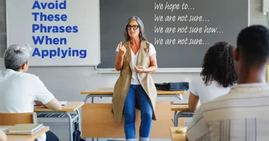 College professor leaning on her desk as she teaches a class. On the board are several examples of wishy-washy, uncertain sentences starters. The caption reads "Avoid These Phrases When Applying."