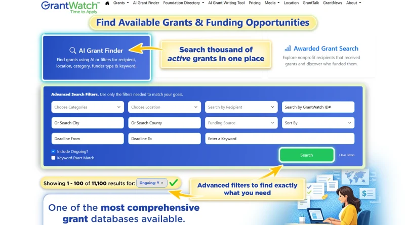 4th wall view of the GrantWatch Search page. One of the most comprehensive grant search databases available.