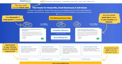 Screenshot of the GrantWatch homepage showing a dashboard for finding grants for nonprofits, small businesses, and individuals, with a search menu, category filters, and highlighted tools for matching grants, foundation directory access, and grant writing support. The page emphasizes thousands of active grant listings, personalized alerts, and multiple search options to help users find funding opportunities faster.