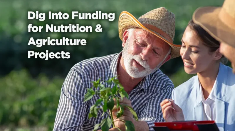Generational teaching moment caught in this image. A white-haired man teaches youngsters about the plant he holds in his hands. They are outside and the lesson is going well. Caption reads: Dig into Funding for Nutrition and Agriculture Projects.