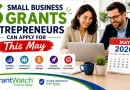 A promotional graphic for GrantWatch featuring the headline “6 Small Business Grants Entrepreneurs Can Apply for This May” in bold green and blue text. On the right side, two smiling business professionals sit at a desk looking at a laptop in a bright office setting. A desktop calendar displays May 2026. Along the bottom are colorful icons with phrases including “Fund Innovation,” “Support Growth,” “Strengthen Community,” “Access Funding,” “Expand Opportunities,” and “Achieve Your Goals.” The GrantWatch logo appears at the bottom beside the slogan “Trusted. Researched. Grant Ready.”