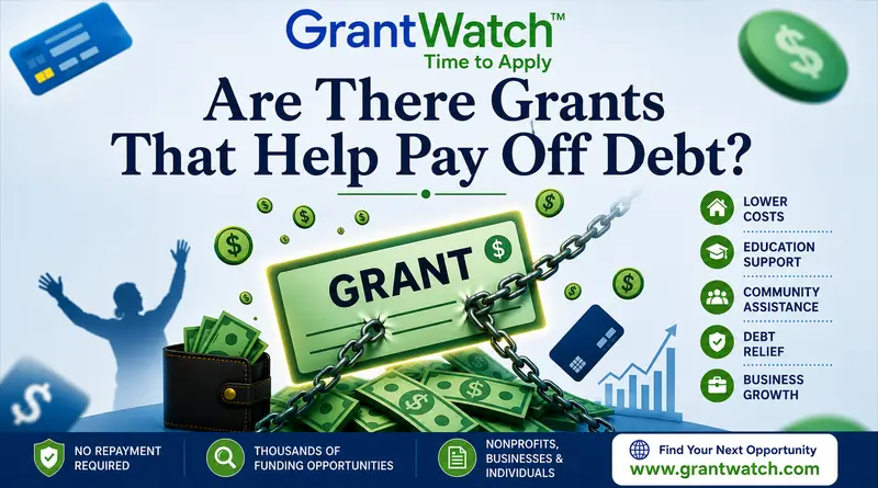 Are There Grants That Help Pay Off Debt? Promotional graphic from GrantWatch with the headline “Are There Grants That Help Pay Off Debt?” The image features a large green grant document wrapped in chains over stacks of cash, symbolizing debt relief and financial assistance. Floating dollar icons, credit cards, a wallet filled with money, and a rising chart appear around the design. A sidebar highlights funding areas including lower costs, education support, community assistance, debt relief, and business growth. Along the bottom, icons and text promote “No Repayment Required,” “Thousands of Funding Opportunities,” and funding for nonprofits, businesses, and individuals.