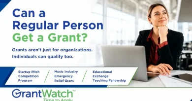 Alt text: Promotional graphic from GrantWatch featuring a professional woman sitting at a desk with a laptop, looking thoughtfully into the distance. Large text reads, “Can a Regular Person Get a Grant?” Smaller text says, “Grants aren’t just for organizations. Individuals can qualify too.” The graphic highlights examples including a Startup Pitch Competition Program, Music Industry Emergency Relief Grant, and Educational Exchange Teaching Fellowship. The GrantWatch logo and slogan “Time to Apply” appear at the bottom.