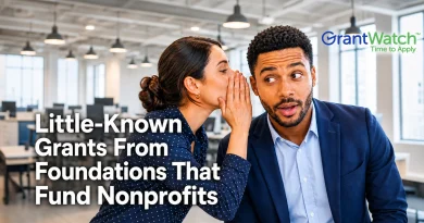 A professional office setting with a woman leaning in to whisper to a surprised man in a business suit. Large text reads, “Little-Known Grants From Foundations That Fund Nonprofits.” The GrantWatch logo and the phrase “Time to Apply” appear in the upper-right corner. The image conveys insider knowledge and hidden funding opportunities for nonprofit organizations.