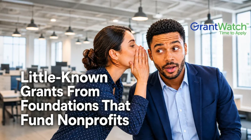 A professional office setting with a woman leaning in to whisper to a surprised man in a business suit. Large text reads, “Little-Known Grants From Foundations That Fund Nonprofits.” The GrantWatch logo and the phrase “Time to Apply” appear in the upper-right corner. The image conveys insider knowledge and hidden funding opportunities for nonprofit organizations.