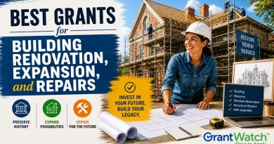 Promotional graphic for building renovation grants featuring a woman in a hard hat reviewing blueprints at a construction site beside a partially restored historic building. Text reads “Best Grants for Building Renovation, Expansion, and Repairs” with icons for preserving history, expanding possibilities, and repairing for the future. Additional phrases include “Invest in Your Future. Build Your Legacy.” and “Restore Renew Rebuild.” The image also shows renovation categories such as roofing, masonry, window restoration, structural repairs, and ADA upgrades, alongside the GrantWatch logo.