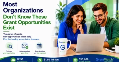 A promotional graphic for GrantWatch showing two people smiling while looking at a laptop. The text on the image says: “Most Organizations Don’t Know These Grant Opportunities Exist” Additional text promotes grant funding tools and says: “Thousands of grants.” “New opportunities added daily.” “Find the funding your mission deserves.” It also highlights features such as: Finding more grant opportunities Getting personalized grant alerts Tracking deadlines and staying organized At the bottom, the graphic lists stats including: 11,198 active grants $1.92 trillion in funding tracked 350,669 funder profiles The branding/logo for GrantWatch appears in the lower-right corner.
