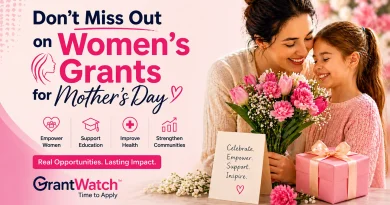 Promotional graphic for GrantWatch featuring Mother’s Day-themed women’s grants. The image shows a smiling mother and young daughter sharing a bouquet of pink flowers and a wrapped gift. Text reads “Don’t Miss Out on Women’s Grants for Mother’s Day,” alongside icons highlighting empowering women, supporting education, improving health, and strengthening communities. A card in the image says “Celebrate. Empower. Support. Inspire.” Branding at the bottom reads “GrantWatch – Time to Apply,” with a banner stating “Real Opportunities. Lasting Impact.”