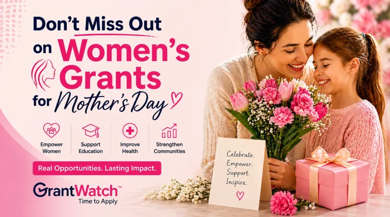 Promotional graphic for GrantWatch featuring Mother’s Day-themed women’s grants. The image shows a smiling mother and young daughter sharing a bouquet of pink flowers and a wrapped gift. Text reads “Don’t Miss Out on Women’s Grants for Mother’s Day,” alongside icons highlighting empowering women, supporting education, improving health, and strengthening communities. A card in the image says “Celebrate. Empower. Support. Inspire.” Branding at the bottom reads “GrantWatch – Time to Apply,” with a banner stating “Real Opportunities. Lasting Impact.”