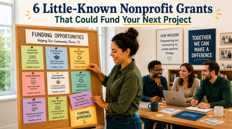 A nonprofit team gathers in a bright office around a bulletin board titled “Funding Opportunities” beneath the headline “6 Little-Known Nonprofit Grants That Could Fund Your Next Project.” A smiling woman pins a note to the board featuring different grant categories, deadlines, and community initiatives, while coworkers collaborate at a nearby table with laptops and documents. Motivational posters about community impact and positive change decorate the background.