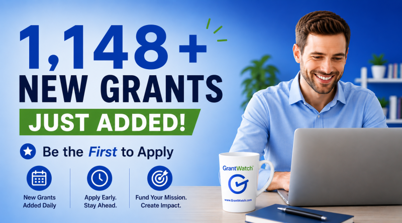 Promotional graphic for GrantWatch showing a smiling man working on a laptop at a desk. Large blue text reads “1,148+ NEW GRANTS JUST ADDED!” with a green banner underneath saying “JUST ADDED!” Additional text says “Be the First to Apply.” Three icons at the bottom highlight features: “New Grants Added Daily,” “Apply Early. Stay Ahead.” and “Fund Your Mission. Create Impact.” A branded coffee mug with the GrantWatch logo sits beside the laptop against a blue office-style background.
