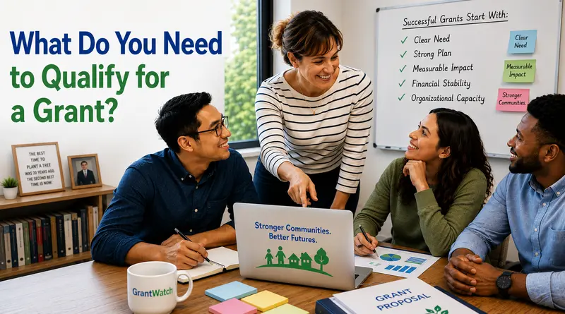 Four diverse professionals collaborate around a table during a nonprofit grant planning meeting in a bright modern office. Large headline text on the left reads ‘What Do You Need to Qualify for a Grant?’ A whiteboard in the background titled ‘Our Project Plan’ lists community need, goals & objectives, impact, and sustainability with colorful sticky notes. A laptop displays the slogan ‘Stronger Communities. Better Futures.’ Papers, charts, notebooks, and a grant proposal binder are spread across the table, creating a professional and optimistic atmosphere focused on community development and grant funding.
