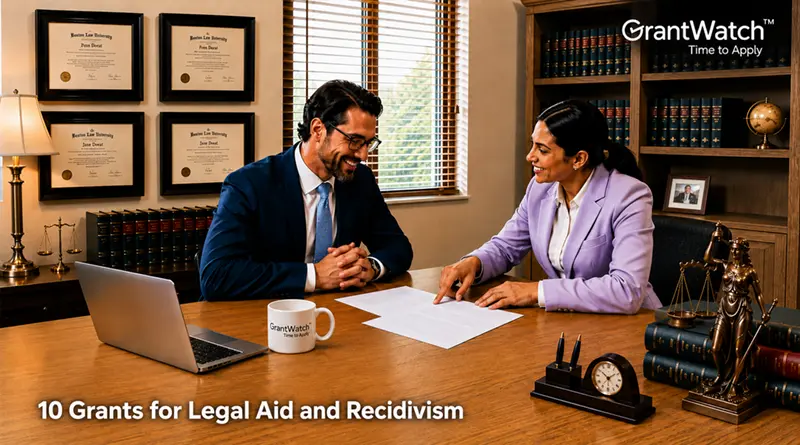 Two legal professionals sit across from each other in a law office, reviewing documents at a wooden desk. One points to paperwork while discussing details with the other. The office features framed law degrees, bookshelves filled with legal volumes, a laptop, and scales of justice decor. Text on the image reads: “10 Grants for Legal Aid and Recidivism.” GrantWatch logo appears in the upper-right corner.