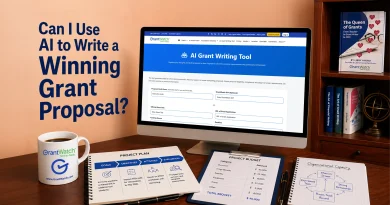 Promotional image asking, “Can I Use AI to Write a Winning Grant Proposal?” A desktop computer on a wooden desk displays the GrantWatch AI Grant Writing Tool. Surrounding the computer are grant planning materials, including a project plan, budget worksheet, organizational capacity diagram, notebooks, and pens. A GrantWatch coffee mug sits beside the documents. In the background, a bookshelf contains grant writing books, including The Queen of Grants by Libby Hikind. The image highlights the use of AI tools to assist with grant proposal development and planning.