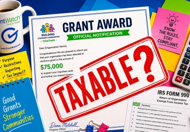 When Are Grants Considered Taxable Income? Grant award notification letter with a large “Taxable?” stamp, IRS Form 990, calculator, compliance notes, and GrantWatch coffee mug on a desk.