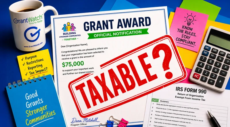 Grant award notification letter with a large “Taxable?” stamp, IRS Form 990, calculator, compliance notes, and GrantWatch coffee mug on a desk.