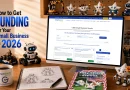 Desktop workspace with a computer displaying GrantWatch small business grants, surrounded by educational robots, robotics blueprints, and a book. Large text reads, “How to Get Funding for Your Small Business in 2026.” GrantWatch-branded coffee mug on desk.