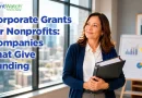 Business professional in office promoting corporate grants for nonprofits and funding opportunities from companies that support charitable organizations through grants.