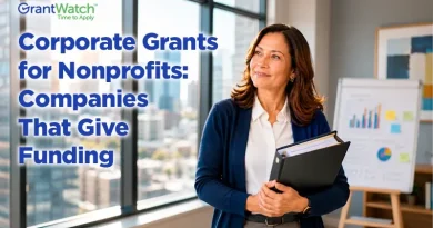 Business professional in office promoting corporate grants for nonprofits and funding opportunities from companies that support charitable organizations through grants.