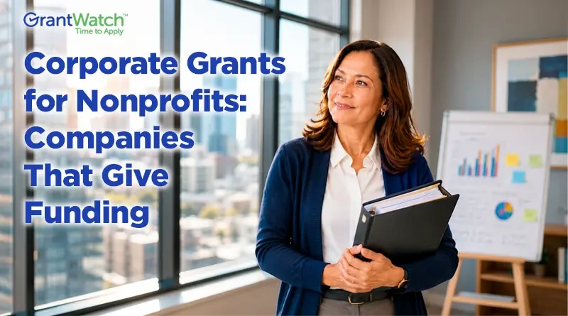 Business professional in office promoting corporate grants for nonprofits and funding opportunities from companies that support charitable organizations through grants.