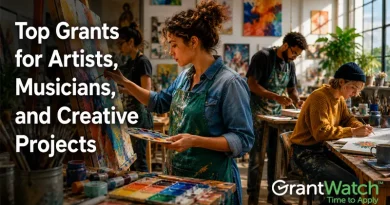 Artists and creatives work on paintings and mixed-media artwork in a bright studio space, with text reading “Top Grants for Artists, Musicians, and Creative Projects” and the GrantWatch logo displayed in the corner.