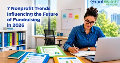 A professional office scene showing a woman wearing glasses and a denim shirt writing in a notebook while working at a laptop. On the desk are neatly arranged grant-related documents and folders labeled with charts and strategy visuals, including “Donor Outreach Plan” and “Fundraising Strategy.” In the background is a bright workspace with shelves of binders, a whiteboard with sticky notes, and large windows letting in natural light. The image includes branding for GrantWatch in the top right corner and the headline “7 Nonprofit Trends Influencing the Future of Fundraising in 2026,” emphasizing planning, analysis, and nonprofit fundraising strategy.