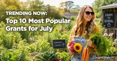 A woman wearing sunglasses stands in a thriving community garden holding freshly harvested carrots and a bouquet of flowers. Garden beds filled with vegetables and greenery surround her, while signs reading "Community Garden" and "Farm to School" appear in the background. Overlay text reads: "TRENDING NOW: Top 10 Most Popular Grants for July." The GrantWatch logo appears in the bottom-right corner.