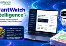 GrantWatch Intelligence promotional graphic showing AI-powered grant research platform with laptop dashboard, GWI mascot robot, and token feature highlighting human-verified grant data, welcome tokens, and research tools for nonprofits and organizations.