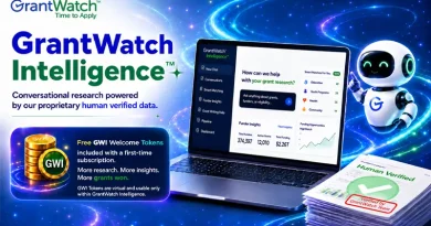 GrantWatch Intelligence promotional graphic showing AI-powered grant research platform with laptop dashboard, GWI mascot robot, and token feature highlighting human-verified grant data, welcome tokens, and research tools for nonprofits and organizations.