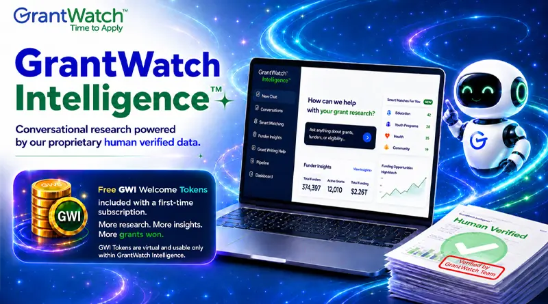 GrantWatch Intelligence promotional graphic showing AI-powered grant research platform with laptop dashboard, GWI mascot robot, and token feature highlighting human-verified grant data, welcome tokens, and research tools for nonprofits and organizations.