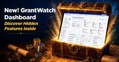 New GrantWatch Dashboard showcasing grant management tools, grant tracking, funding opportunity organization, application calendars, saved grants, and workflow features designed to help nonprofits, businesses, researchers, and grantseekers manage grants more efficiently.