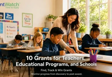 Teacher helping students work at desks in a bright elementary classroom, with educational posters on the walls and text promoting grants for teachers, educational programs, and schools.
