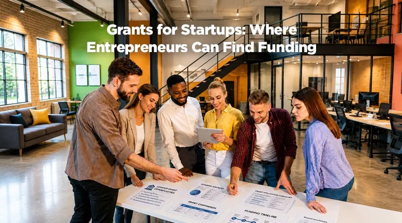A diverse group of entrepreneurs and startup professionals gather around a table in a modern coworking space, reviewing business plans and funding strategies. Text overlay reads: "Grants for Startups: Where Entrepreneurs Can Find Funding."